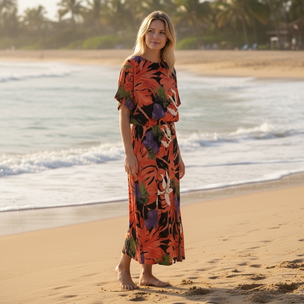 Woman’s Retro Vibrant Tropical Maxi Stretch Drop Waist Dress - Picture 1 of 8